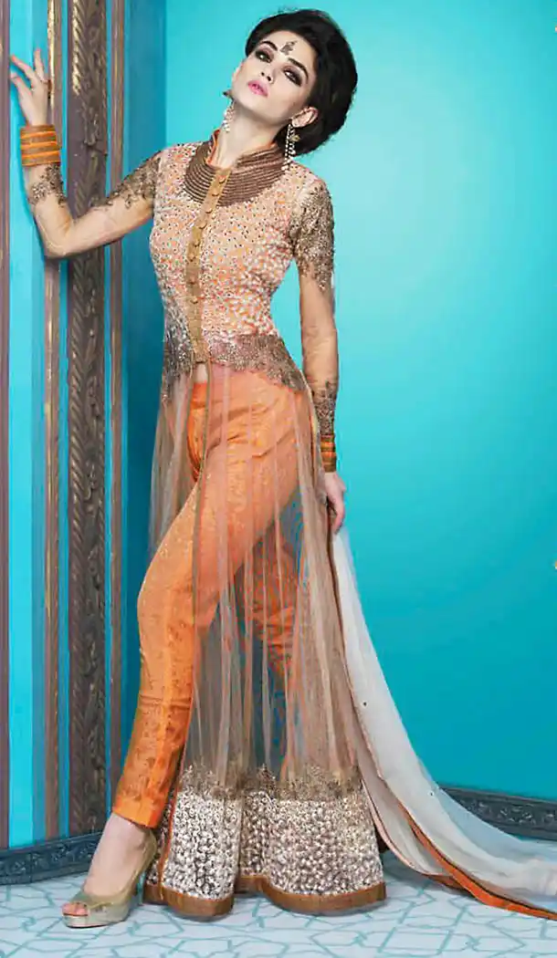 Orange Color Georgette Net Straight Cut Style Pakistani Dresses with Dupatta | FH439569442