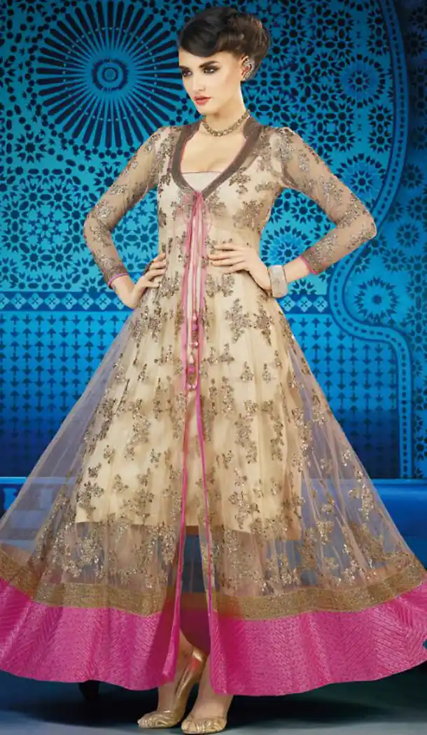Beige Color Net Abaya Style Pakistani Stitched Dresses with Dupatta | FH439569443