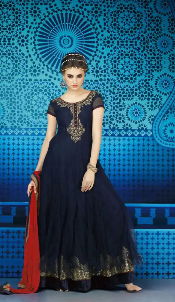 Navy Blue Color Net Anarkali Style Pakistani Stitched Dresses with Dupatta | FH439569444