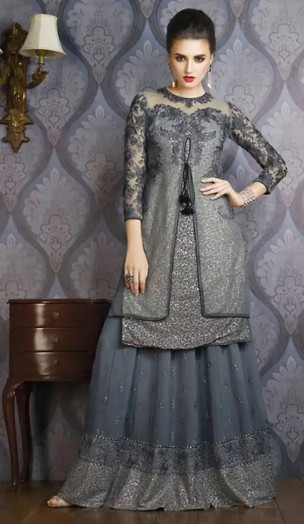 Slate Gray Color Net Straight Cut Style Pakistani Stitched Dresses with Dupatta | FH439569446