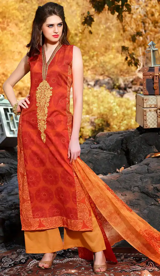 Deep Orange Color Cotton Straight Cut Style Pakistani Stitched Formal Dresses with Dupatta | FH439669517
