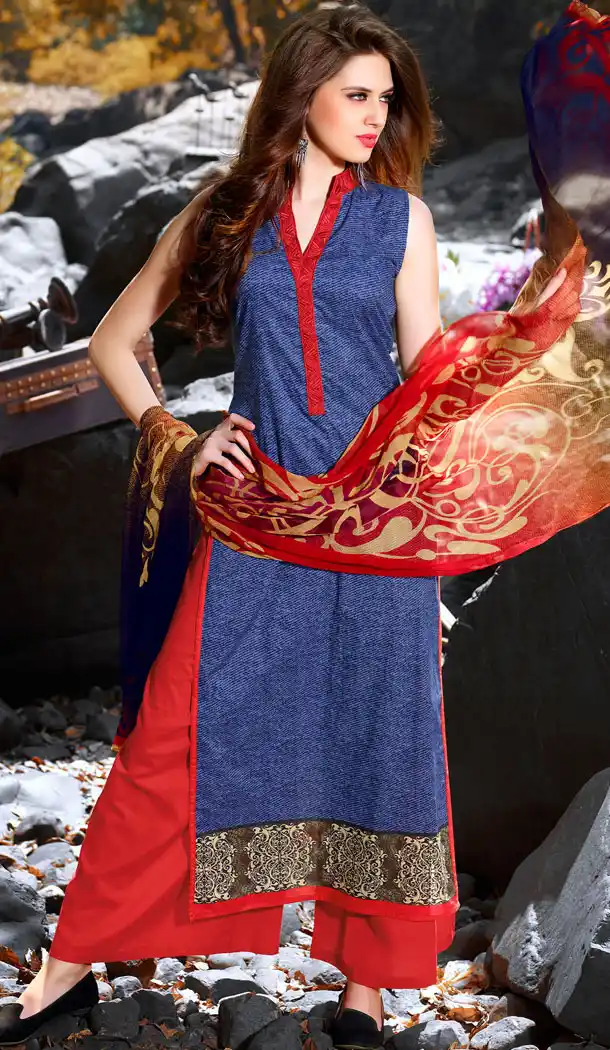 Navy Blue Color Cotton Straight Cut Style Pakistani Stitched Formal Dresses with Dupatta| FH439669518