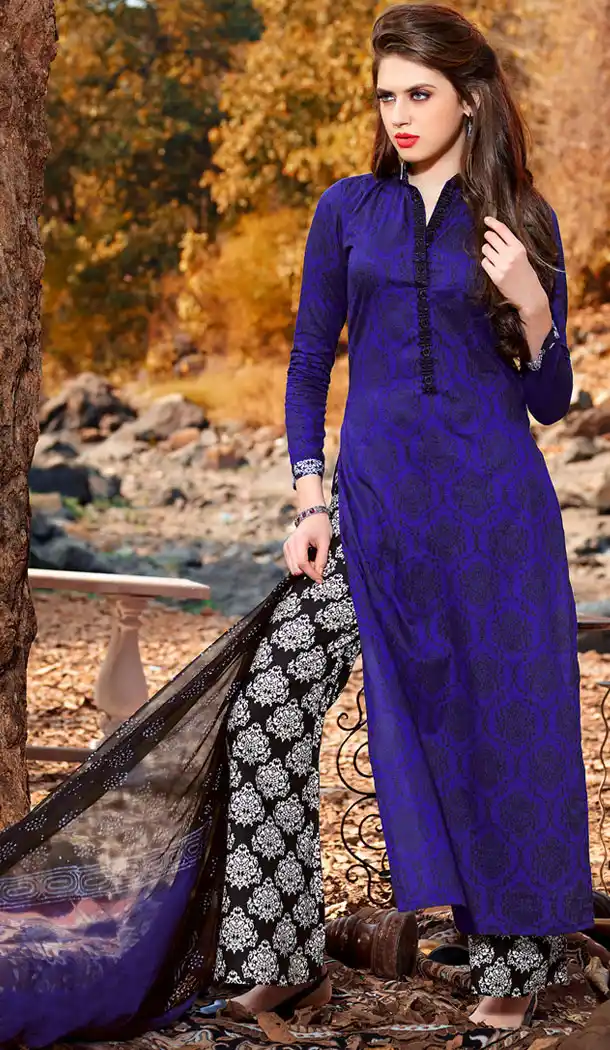 Deep Blue Color Cotton Straight Cut Style Pakistani Stitched Formal Dresses with Dupatta | FH439669520