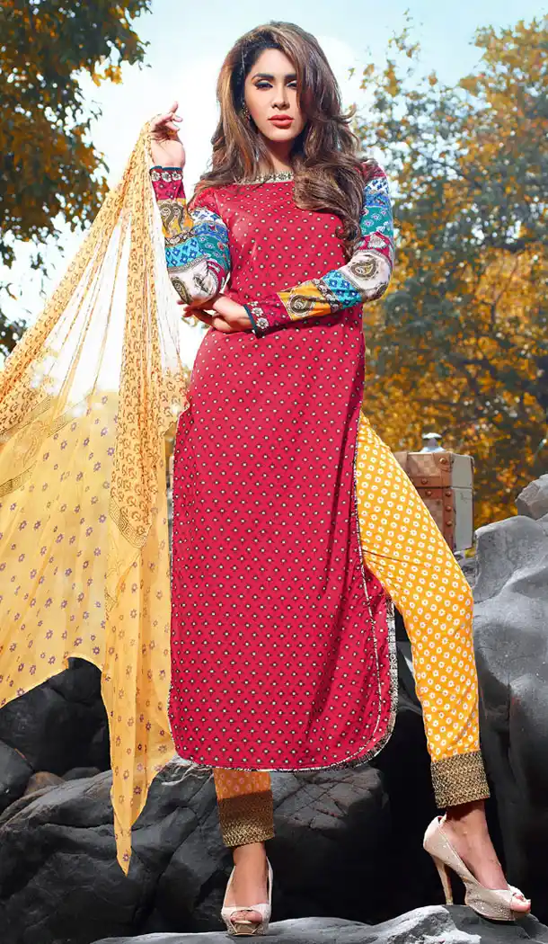 Crimson Color Cotton Straight Cut Style Pakistani Stitched Formal Dresses with Dupatta | FH439669521