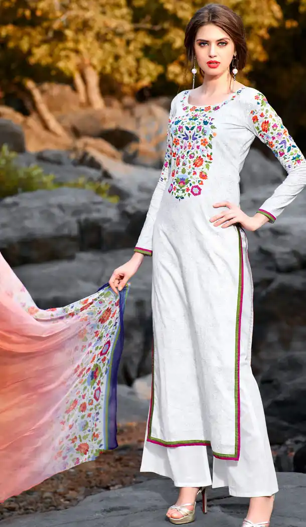 Off White Color Cotton Straight Cut Style Pakistani Stitched Formal Dresses with Dupatta | FH439669522