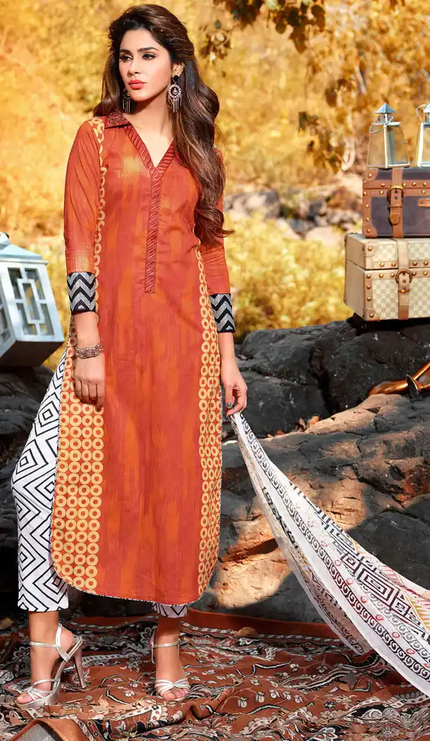Deep Orange Color Cotton Straight Cut Style Pakistani Stitched Formal Dresses with Dupatta | FH439669523