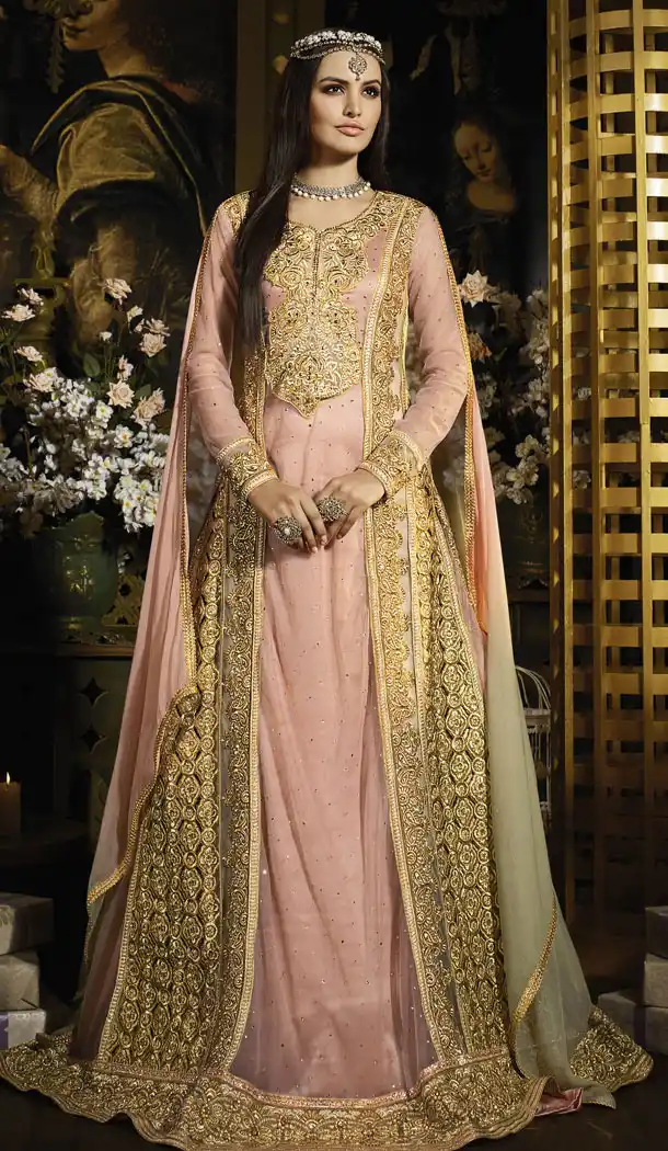 Salmon Color Net Pakistani Styles Stitched Long Length Designer Dresses with Dupatta | FH439769524