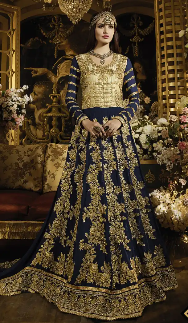 Navy Blue Color Georgette Pakistani Styles Stitched Long Length Designer Dresses with Dupatta | FH439769525