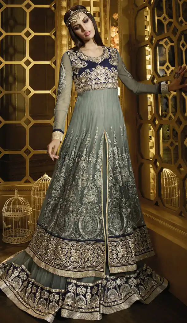 Slate Gray Color Banarasi Silk Pakistani Styles Stitched Long Length Designer Dresses with Dupatta | FH439769527
