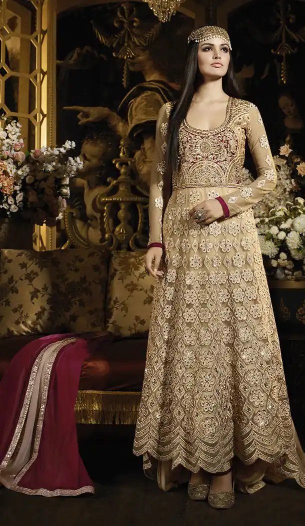 Tan Brown Color Banarasi Silk Pakistani Styles Stitched Long Length Designer Dresses with Dupatta | FH439769529