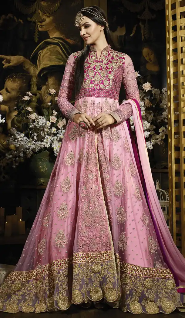 Salmon Color Banarasi Silk Pakistani Styles Stitched Long Length Designer Dresses with Dupatta | FH439769530