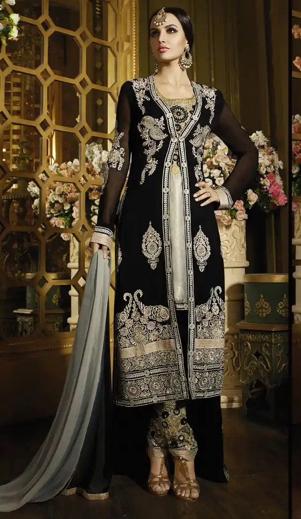 Black Color Georgette Pakistani Styles Stitched Long Length Designer Dresses with Dupatta | FH439769531