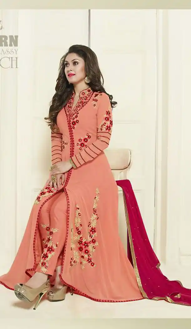 Salmon Color Georgette Designer Party Wear Stitched Salwar Suits with Dupatta | FH439869493