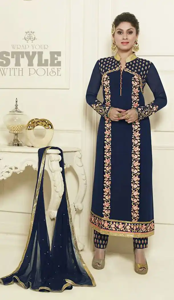 Navy Blue Color Georgette Designer Party Wear Stitched Salwar Suits with Dupatta | FH439869495