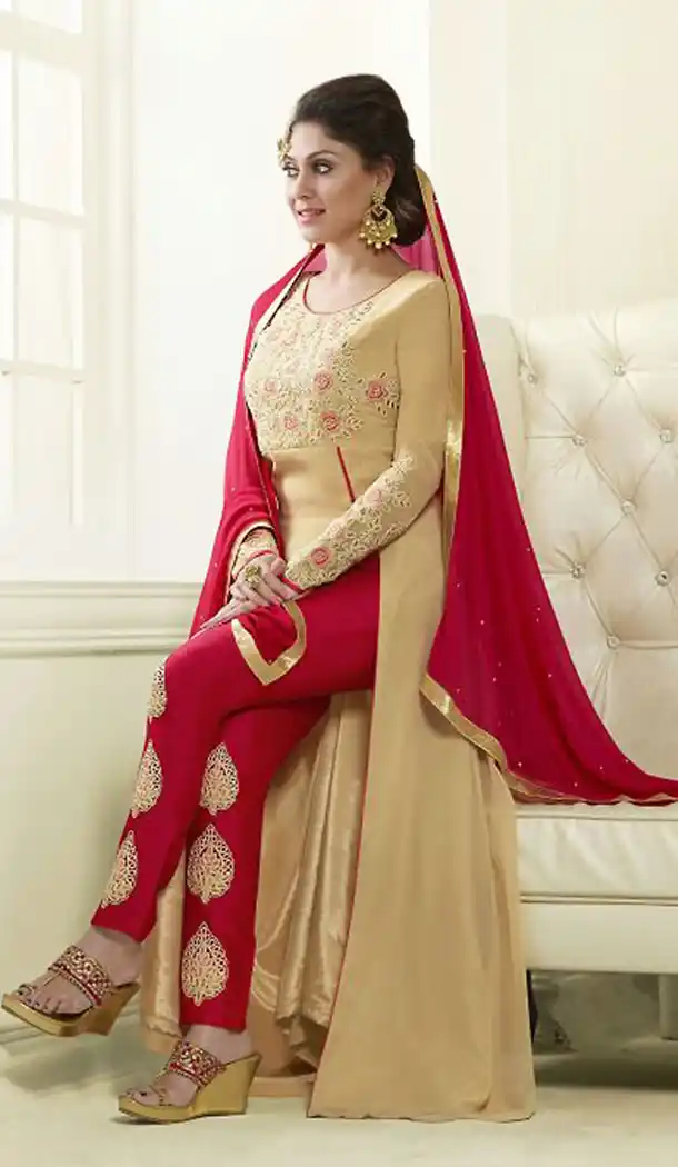 French Beige Color Georgette Designer Party Wear Stitched Salwar Suits with Dupatta | FH439869498