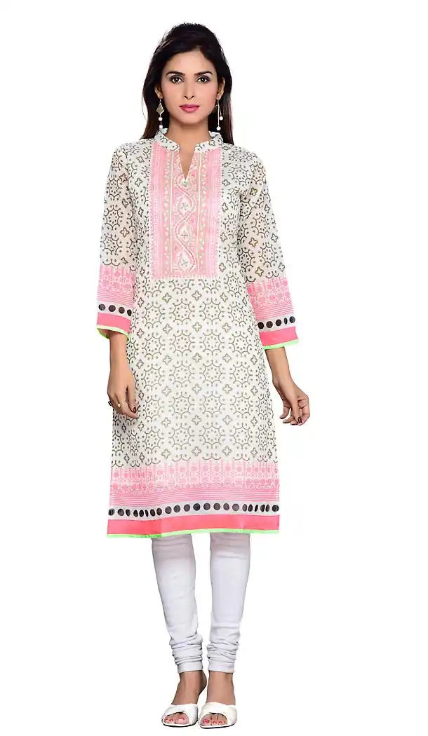 Off White Color Chanderi Silk Readymade Long Trendy Kurtis For Women | FH440269544