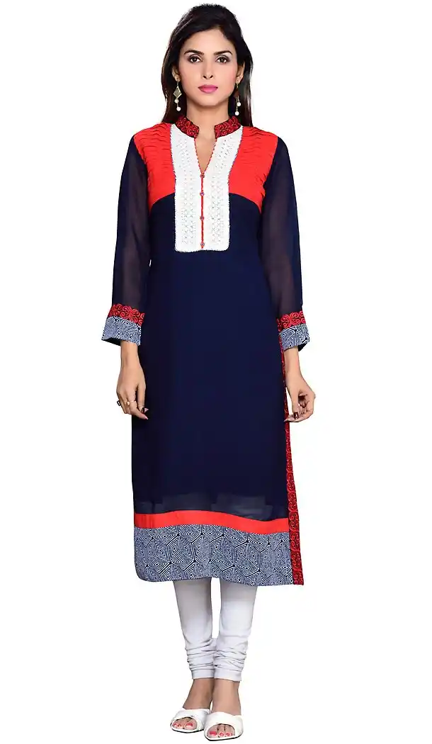 Navy Blue Color Georgette Readymade Long Trendy Kurtis For Women | FH440269546