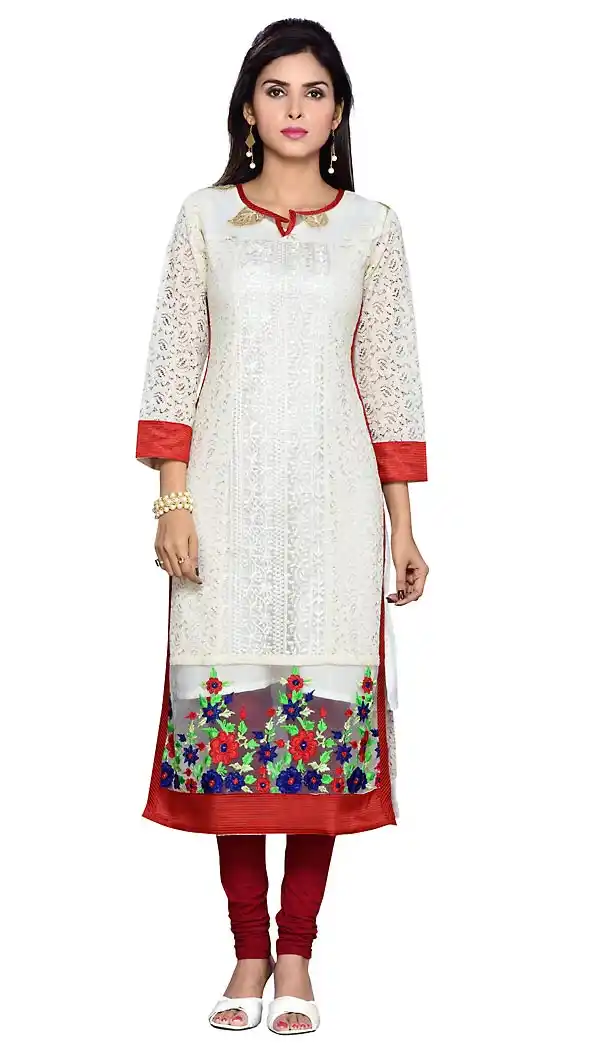 Off White Color Net Readymade Long Trendy Kurtis For Women | FH440269547