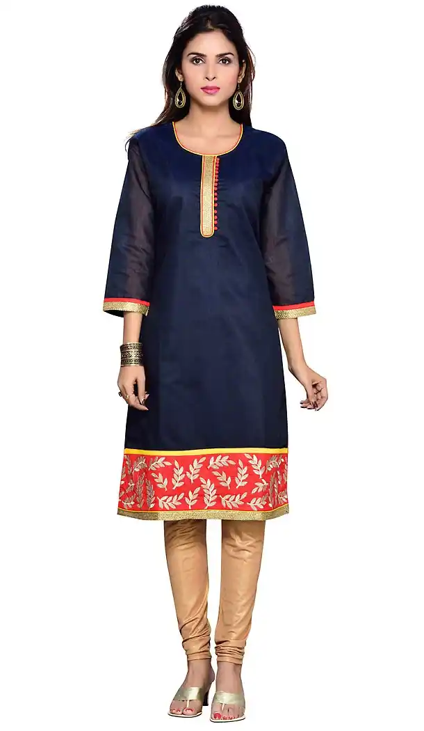 Navy Blue Color Chanderi Silk Readymade Long Trendy Kurtis For Women | FH440269551
