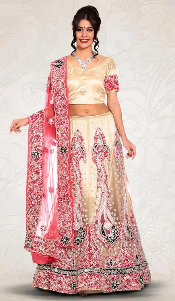 Cream Color Net Indian Designer Bridal Wedding Stitched Lehengas with Dupatta | FH440869615