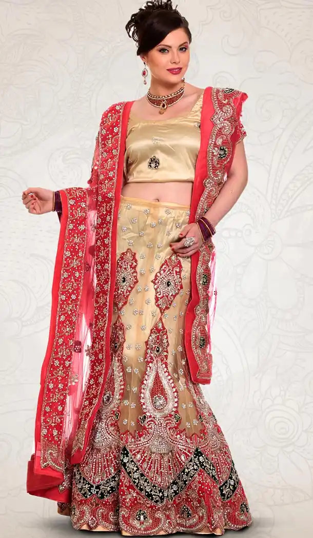 French Beige Color Net Indian Designer Bridal Wedding Stitched Lehengas with Dupatta | FH440869618