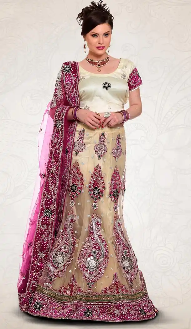 Dark Cream Color Net Indian Designer Bridal Wedding Stitched Lehengas with Dupatta | FH440869623