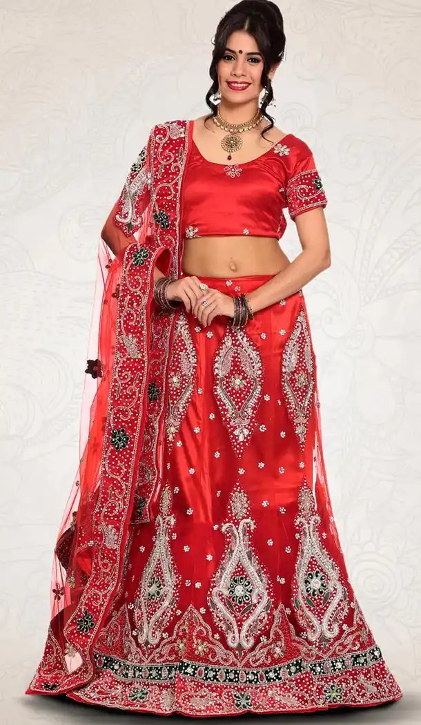 Deep Scarlet Color Net Indian Designer Bridal Wedding Stitched Lehengas with Dupatta | FH440869624
