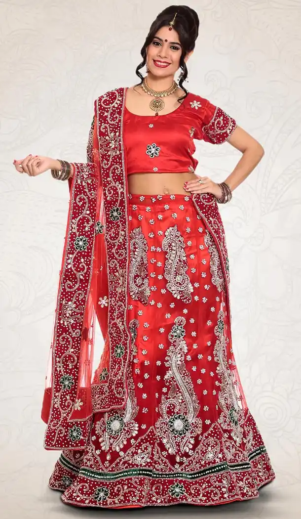 Deep Scarlet Color Net Indian Designer Bridal Wedding Stitched Lehengas with Dupatta | FH440869625