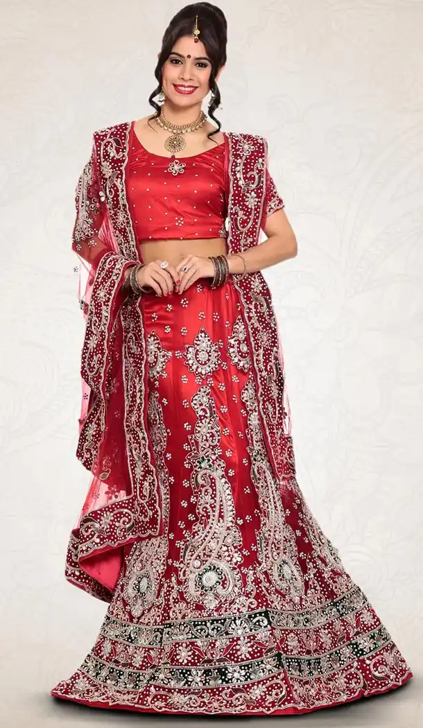 Deep Scarlet Color Net Indian Designer Bridal Wedding Stitched Lehengas with Dupatta | FH440869627