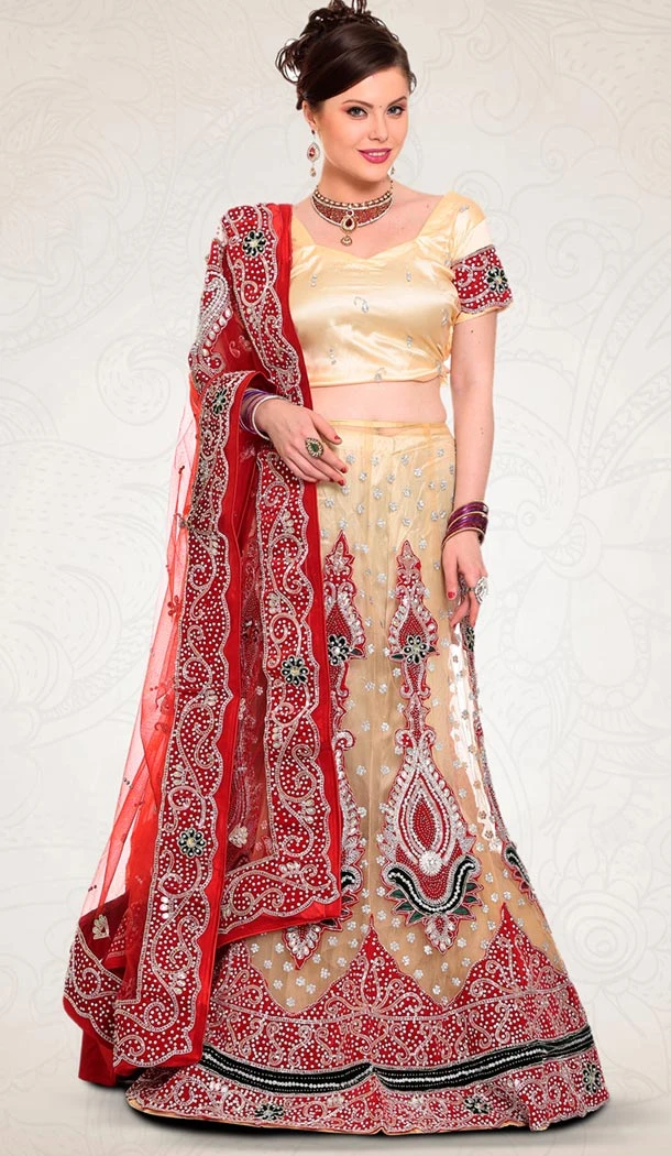 Cream Color Net Indian Designer Bridal Wedding Stitched Lehengas with Dupatta | FH440869628
