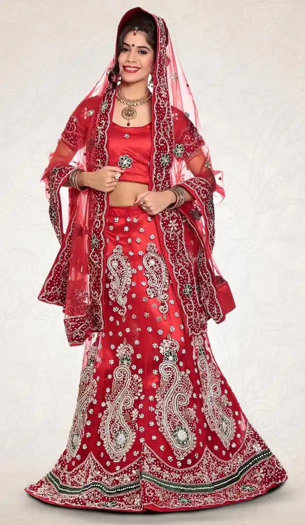 Deep Scarlet Color Net Indian Designer Bridal Wedding Stitched Lehengas with Dupatta | FH440869629
