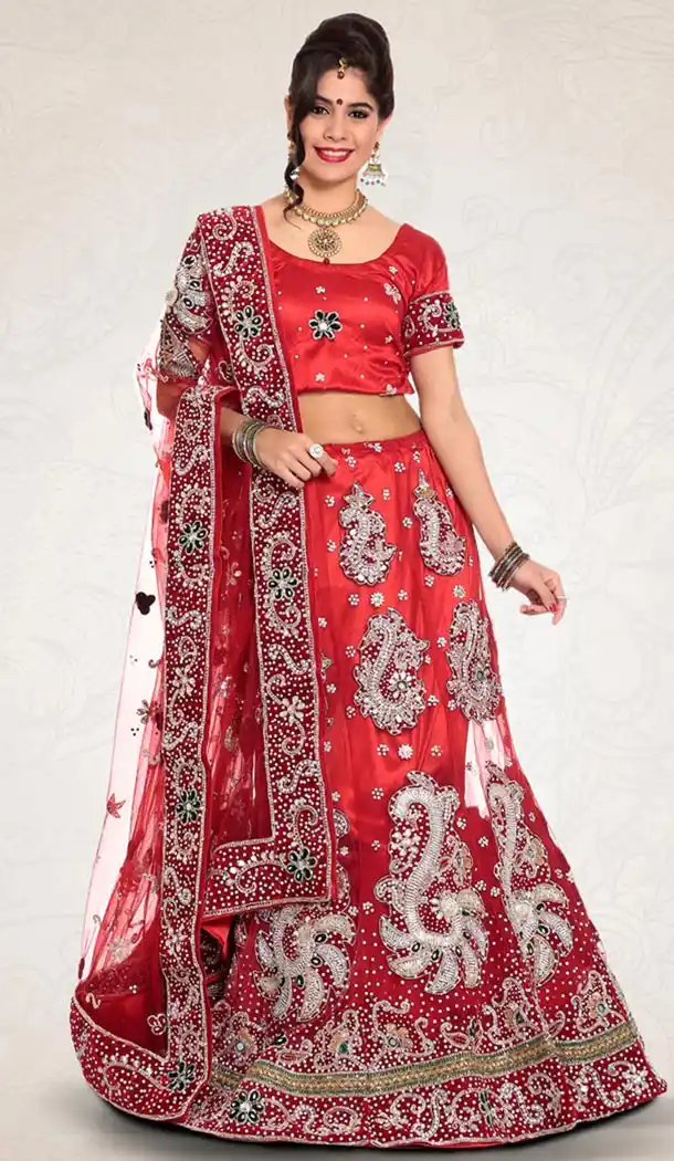 Deep Scarlet Color Net Indian Designer Bridal Wedding Stitched Lehengas with Dupatta | FH440969632