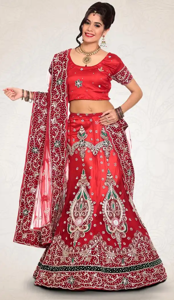 Deep Scarlet Color Net Indian Designer Bridal Wedding Stitched Lehengas with Dupatta | FH440969633