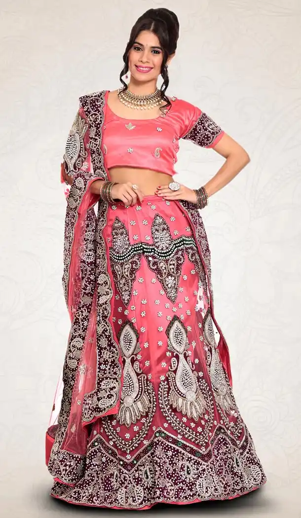 Salmon Color Net Indian Designer Bridal Wedding Stitched Lehengas with Dupatta | FH440969642