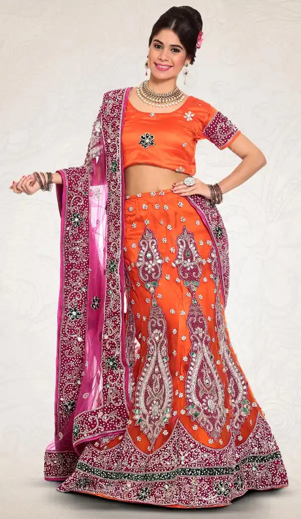 Deep Orange Color Net Indian Designer Bridal Wedding Stitched Lehengas with Dupatta | FH440969644