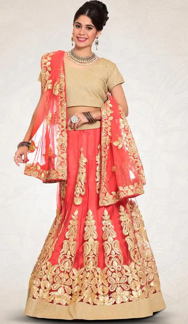 Coral Color Net Indian Designer Bridal Wedding Stitched Lehengas with Dupatta | FH440969646