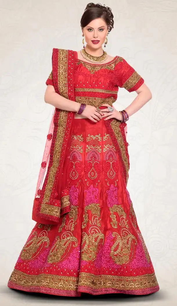 Deep Scarlet Color Net Indian Designer Bridal Wedding Stitched Lehengas with Dupatta | FH440969649