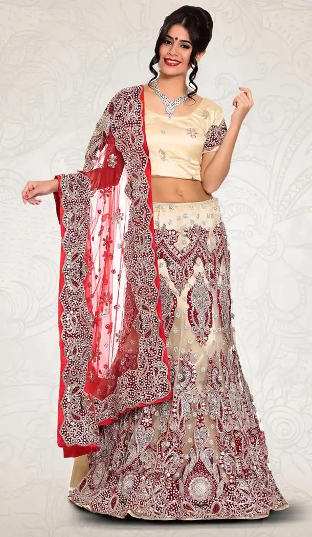 Cream Color Net Indian Designer Bridal Wedding Stitched Lehengas with Dupatta | FH441069650
