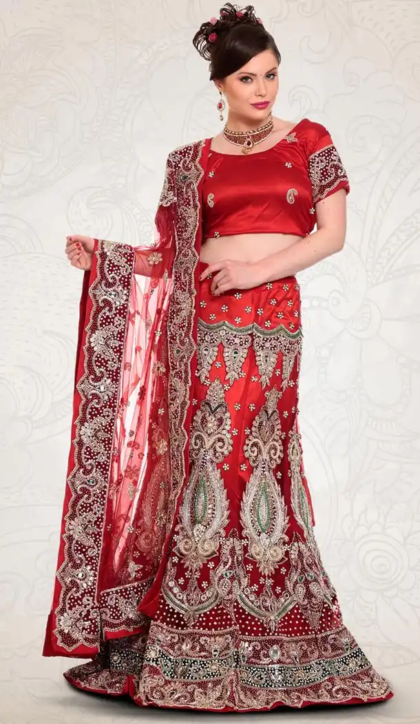 Deep Scarlet Color Net Indian Designer Bridal Wedding Stitched Lehengas with Dupatta | FH441069651