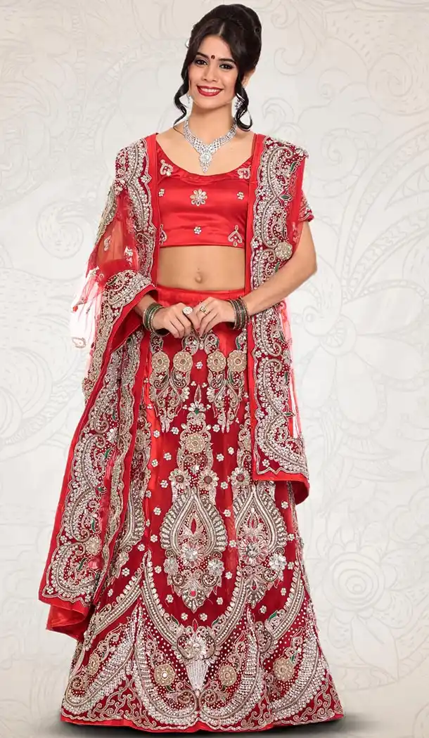 Deep Scarlet Color Net Indian Designer Bridal Wedding Stitched Lehengas with Dupatta | FH441069653