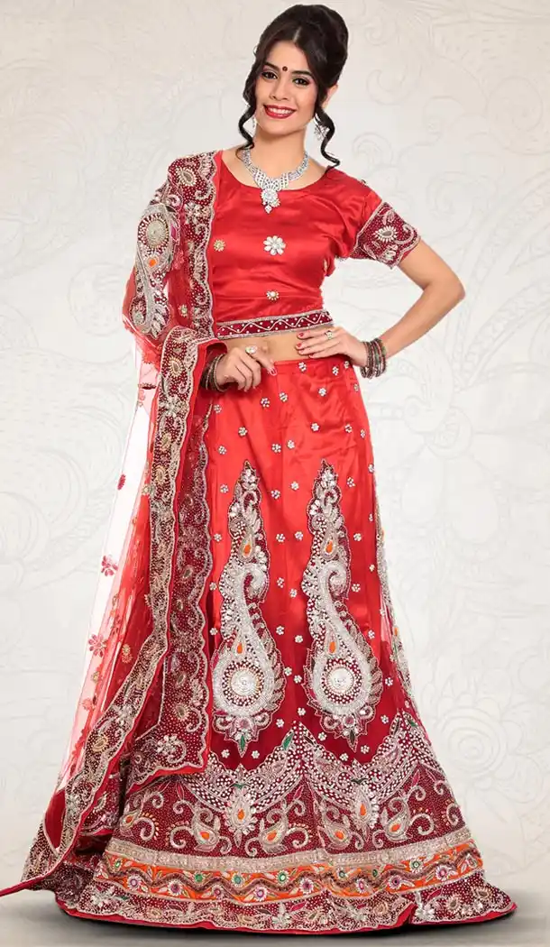 Deep Scarlet Color Net Indian Designer Bridal Wedding Stitched Lehengas with Dupatta | FH441069654