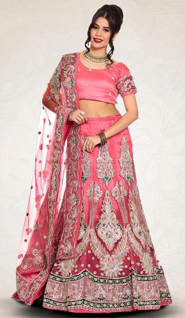 Salmon Color Net Indian Designer Bridal Wedding Stitched Lehengas with Dupatta | FH441069659
