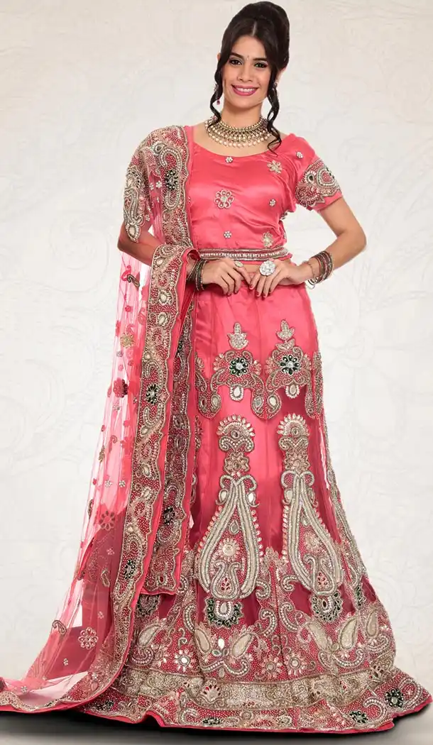 Salmon Color Net Indian Designer Bridal Wedding Stitched Lehengas with Dupatta | FH441069660