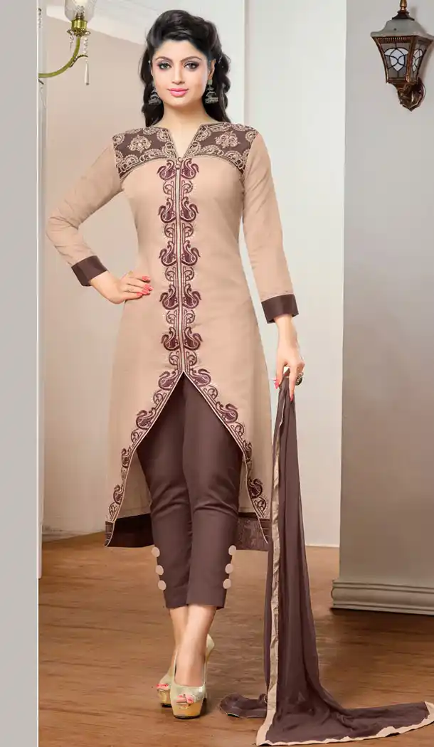 Cotton Fabric Tan Brown Office Wear Formal Stitched Churidar Suits with Dupatta | FH441169666