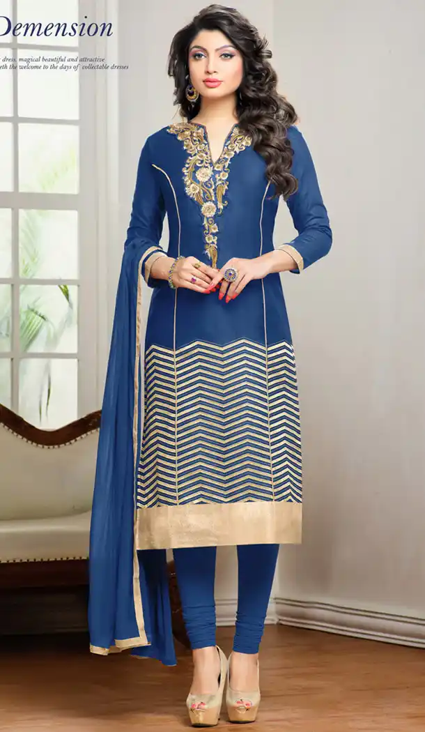 Cotton Fabric Navy Blue Office Wear Formal Stitched Churidar Suits with Dupatta | FH441169667