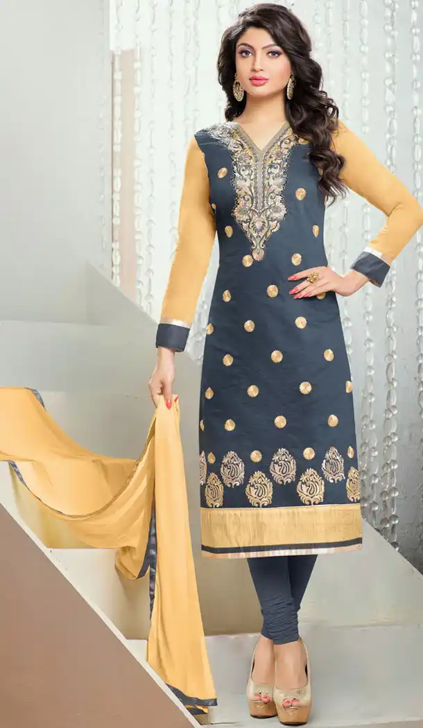 Cotton Fabric Slate Gray Office Wear Formal Stitched Churidar Suits with Dupatta | FH441169668