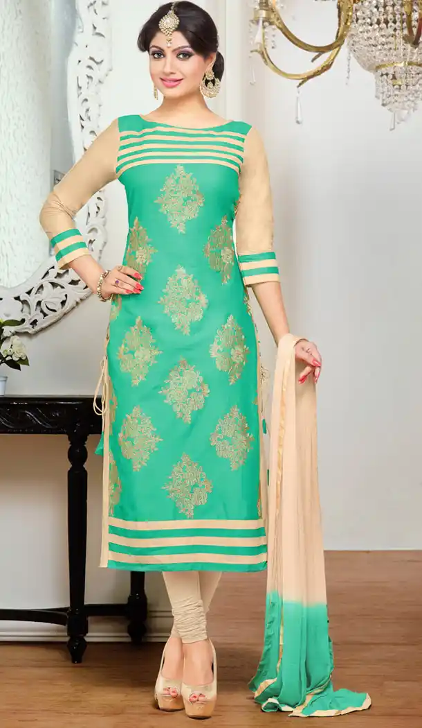 Cotton Fabric Greenish Blue Office Wear Formal Stitched Churidar Suits with Dupatta | FH441169671
