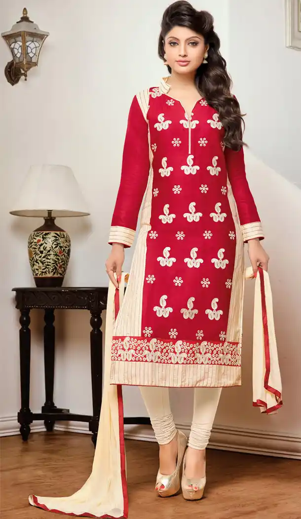 Cotton Fabric Deep Scarlet Office Wear Formal Stitched Churidar Suits with Dupatta | FH441169673