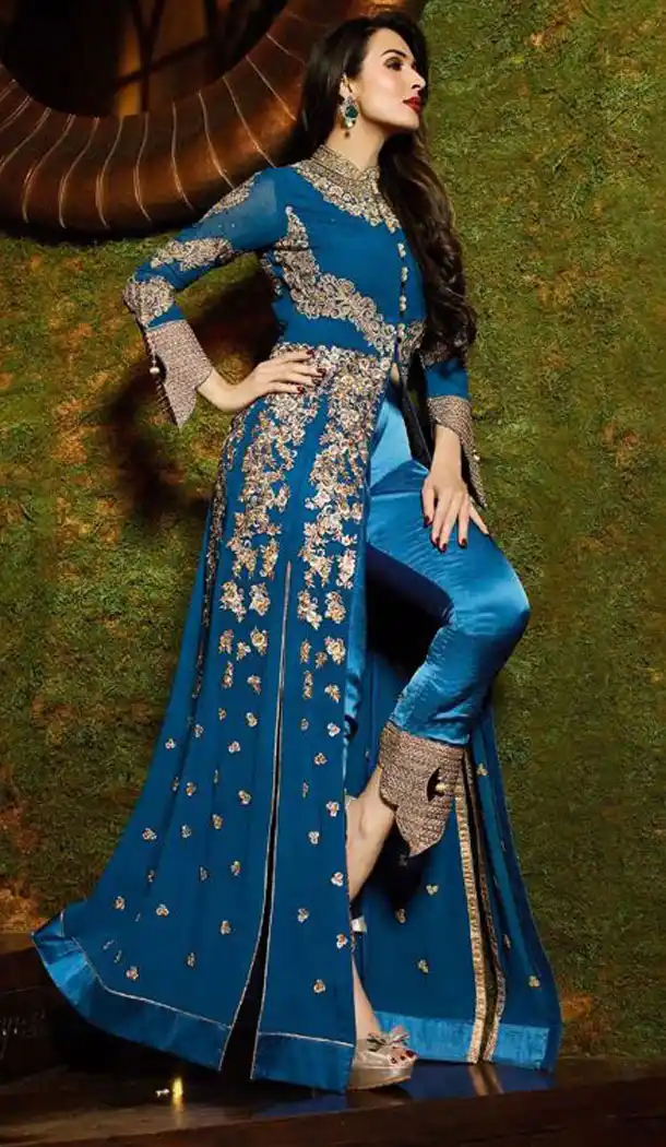 Bollywood Actress Malaika Arora Khan In Steel Blue Color Stitched Kameez with Dupatta | FH441669719