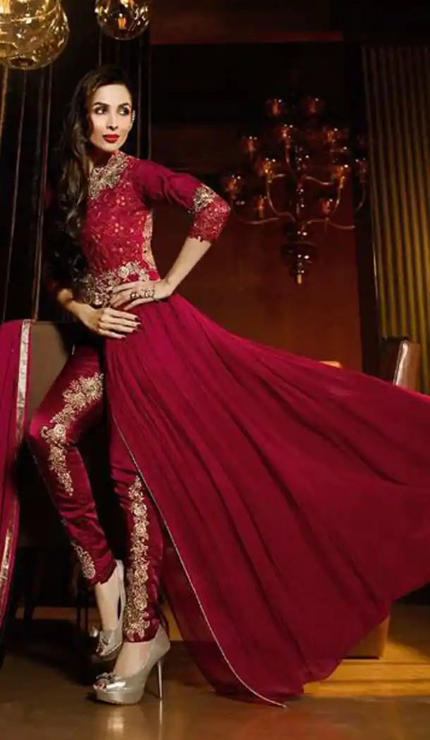 Bollywood Actress Malaika Arora Khan In Maroon Color Stitched Kameez with Dupatta | FH441669722